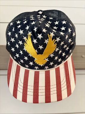 Patriotic Star & Stripe Trucker Hat with Gold Eagle red white blue USA maga